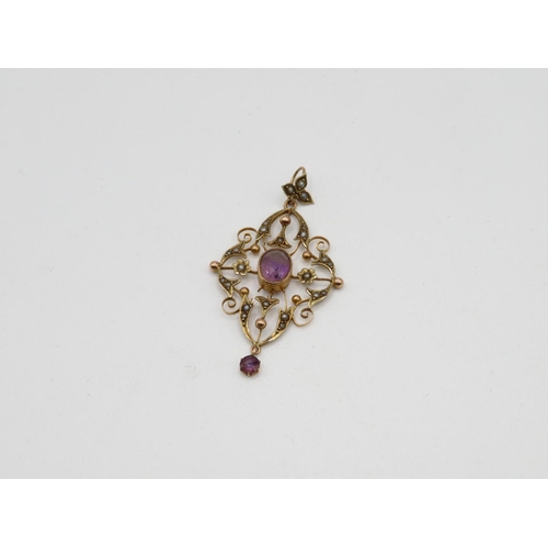 199 - 9ct antique amethyst and seed pearl pendant boxed