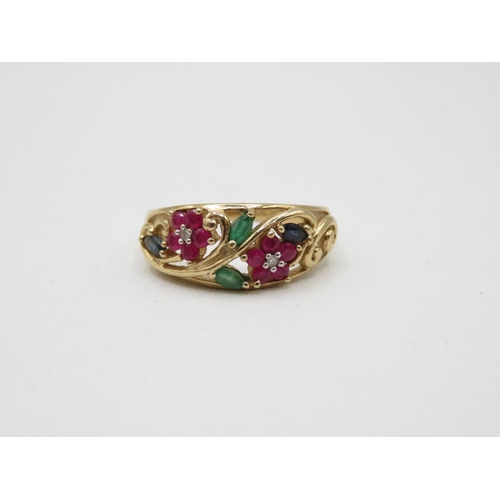 202 - 9ct ruby emerald and sapphire ring size S +.5  3.9g