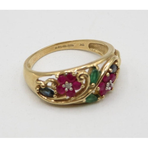 202 - 9ct ruby emerald and sapphire ring size S +.5  3.9g