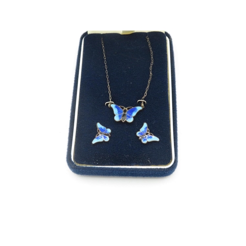 23 - Stratton silver enamelled butterfly necklace with matching earrings boxed