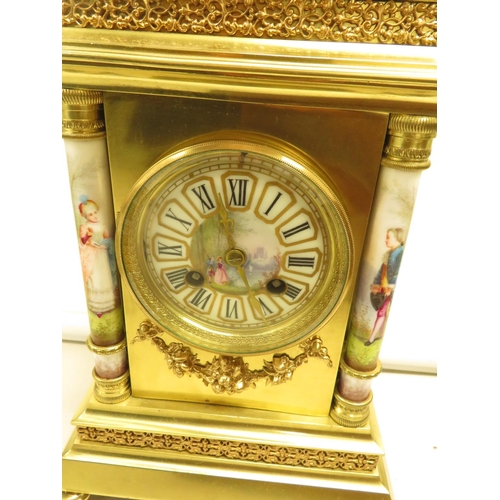 57 - Fully working gilded with ceramic pillars clock beautiful ceramic dial hand painted  11