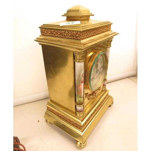 57 - Fully working gilded with ceramic pillars clock beautiful ceramic dial hand painted  11