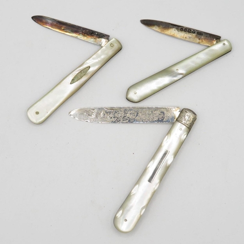 41 - 3x large silver and Mother of Pearl penknives