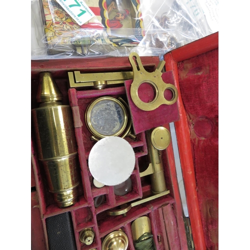 162 - Georgian chagrin boxed field or mobile microscope - fully folds away into box all in brass and ivory... 