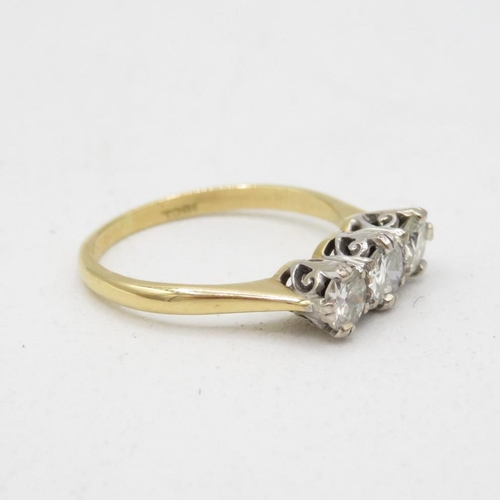 18 - Three stone 18ct gold ring, middle stone is 4.7mm to outside stones 4.5mm each approx 1ct size N  3g