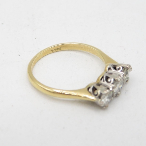 18 - Three stone 18ct gold ring, middle stone is 4.7mm to outside stones 4.5mm each approx 1ct size N  3g