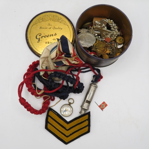 190 - Sweet box containing military badges, whistles and other militaria