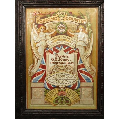 22 - WWI trio to 9096 Pte. GE Kirk of Suffolk Regiment mounted on board along with a framed ceramic tile ... 