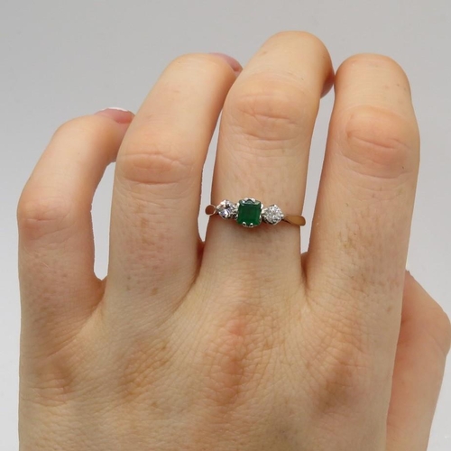 255 - 3 stone emerald and diamond ring HM 18ct 2.9g Size P