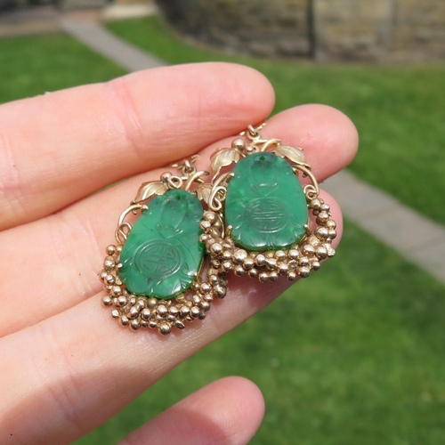 292 - Beautifully made set of HM 14ct gold and green jade earrings 7.9g