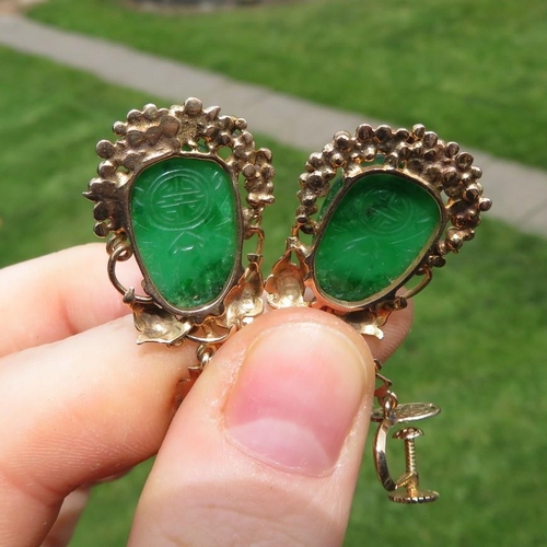 292 - Beautifully made set of HM 14ct gold and green jade earrings 7.9g