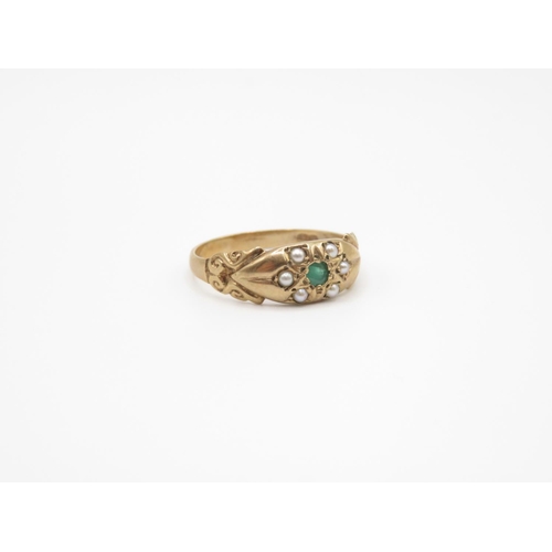 101 - 9ct gold antique emerald and pearl gypsy set ring size P 2.2g