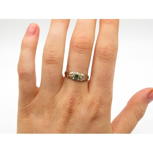 101 - 9ct gold antique emerald and pearl gypsy set ring size P 2.2g