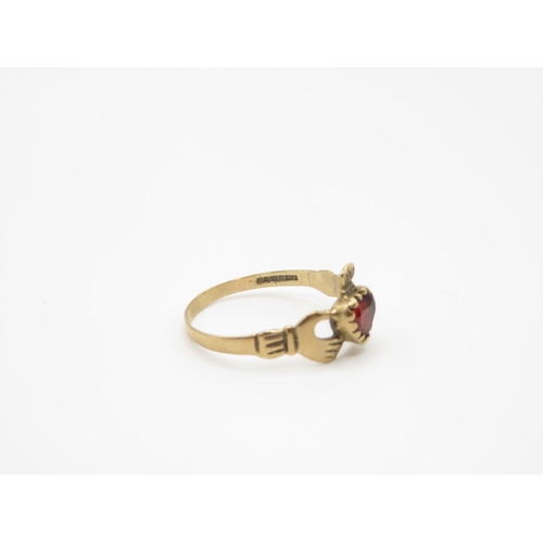 105 - 9ct gold and garnet Claddagh ring size L  1.2g