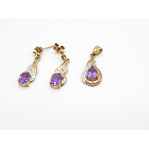 130 - Pair of 9ct and amethyst earrings with matching pendant 2.5g