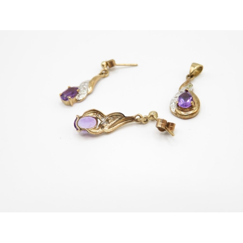 130 - Pair of 9ct and amethyst earrings with matching pendant 2.5g