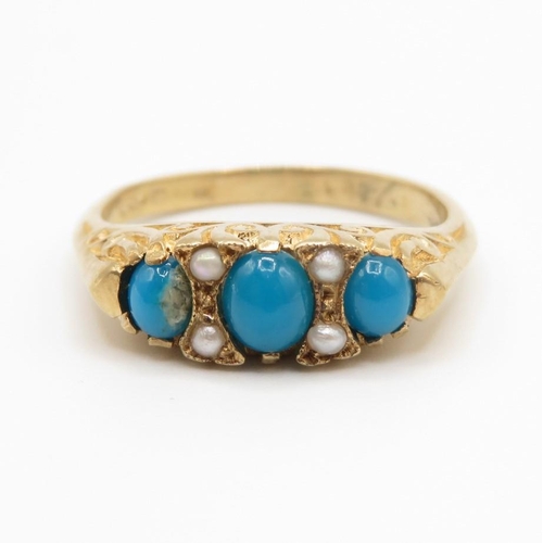 73 - Very fine antique 9ct gold and turquoise pearl ring size N  2.8g