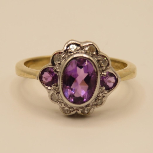 80 - Art Deco style 9ct gold diamond and amethyst ring size O  3.2g