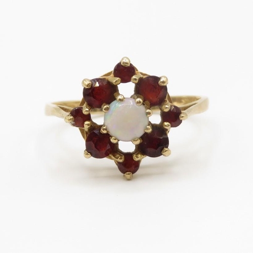 97 - 9ct gold garnet and opal ring size L  2.2g