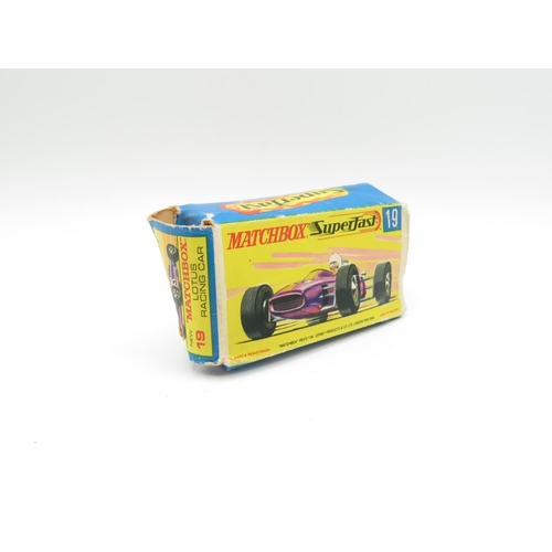 145 - Matchbox Superfast Lotus racing car number 19 MIB - box has slight damage