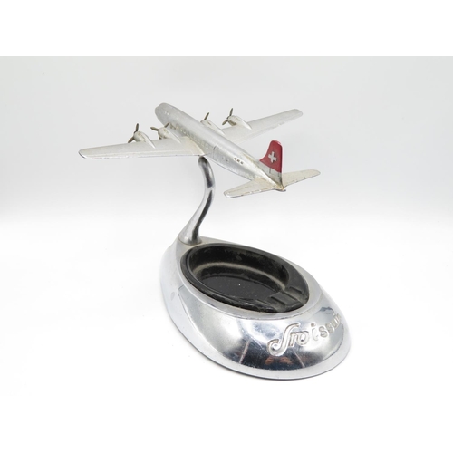 179 - SwissAir chromed aeroplane ashtray with glass insert