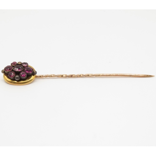 23 - 18ct gold head stick pin with amethyst inserts and 9ct gold screw in pin  2.9g