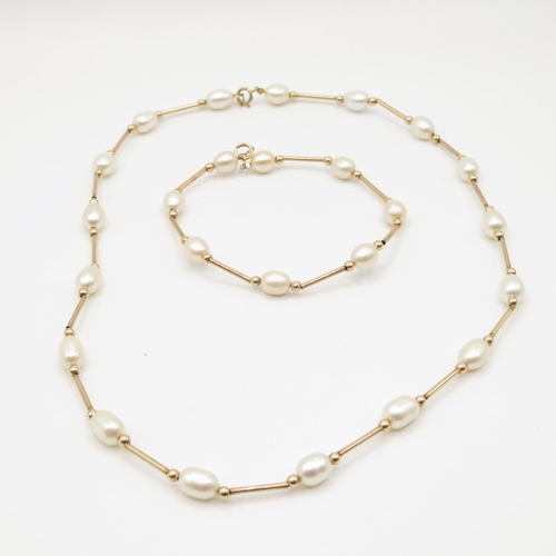 26 - 9ct gold and pearl necklace and bracelet - necklace measures 45cm long, bracelet measures 20cm - 15.... 