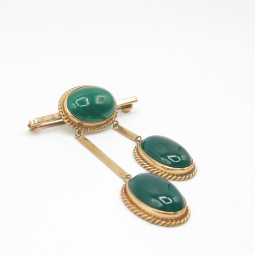 37 - Green stone and 9ct gold brooch with hanging pendants attached 12.6g 63mm