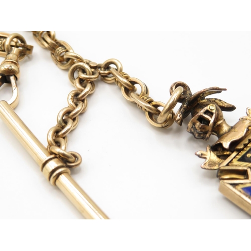 47 - 9ct gold Albert watch chain 30cm long with 45mm T bar and Masonic Skull and Crossbones enamelled fob... 