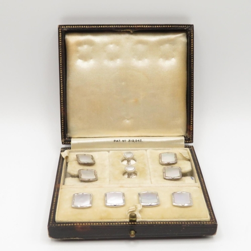 55 - 9ct gold and Mother of Pearl button and stud set boxed  10.7g