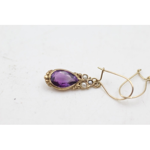 1 - 9ct gold antique amethyst & pearl drop earrings (1.6g)