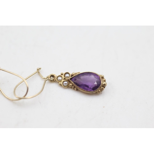 1 - 9ct gold antique amethyst & pearl drop earrings (1.6g)