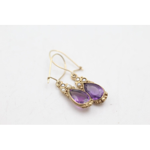 1 - 9ct gold antique amethyst & pearl drop earrings (1.6g)