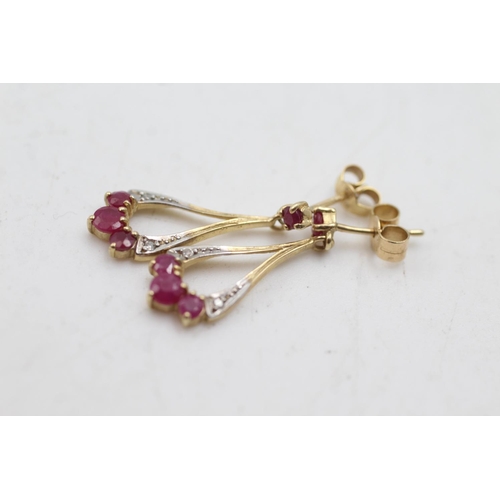 104 - 9ct gold ruby & diamond drop earrings (1.6g)