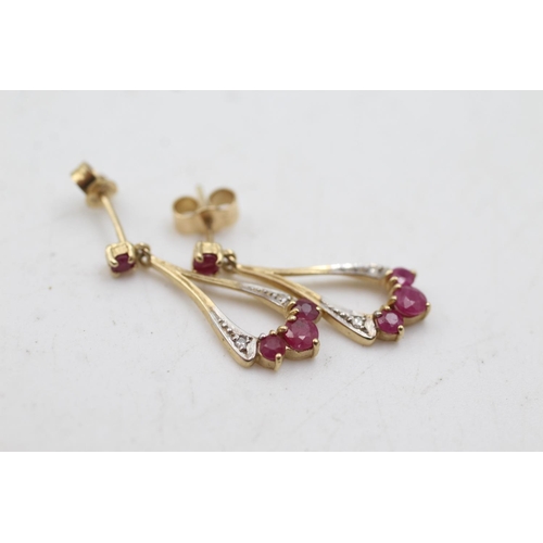 104 - 9ct gold ruby & diamond drop earrings (1.6g)