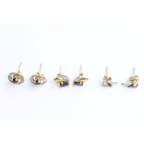 14 - 3 x 9ct gold paired gemstone stud earrings inc. sapphire and diamond (2.2g)