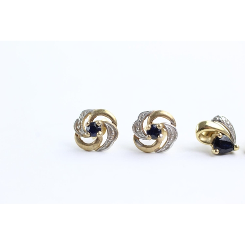 14 - 3 x 9ct gold paired gemstone stud earrings inc. sapphire and diamond (2.2g)