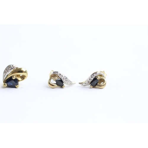 14 - 3 x 9ct gold paired gemstone stud earrings inc. sapphire and diamond (2.2g)