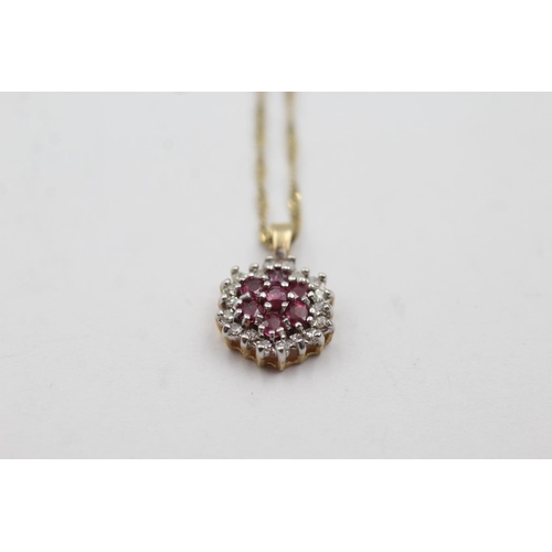 147 - 9ct gold ruby and diamond set pendant necklace (1.9g)