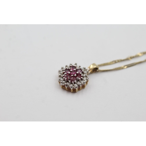 147 - 9ct gold ruby and diamond set pendant necklace (1.9g)