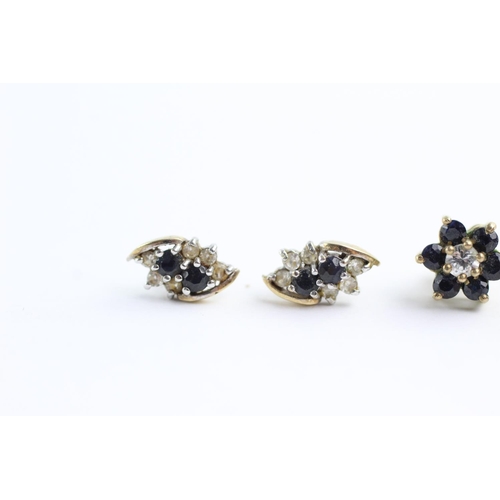 160 - 3 x 9ct gold amethyst, sapphire and diamond stud earrings (3.1g)