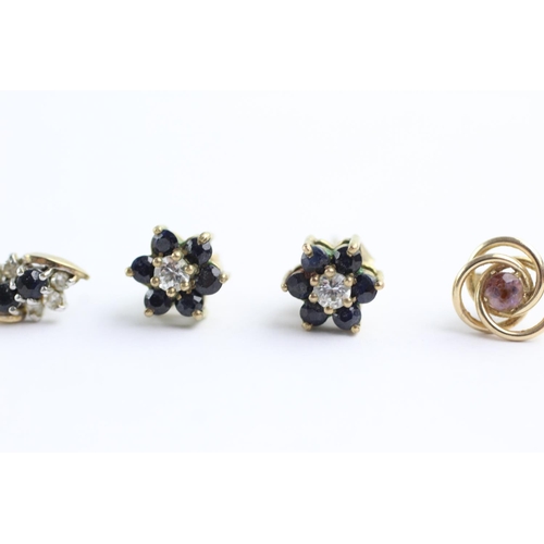 160 - 3 x 9ct gold amethyst, sapphire and diamond stud earrings (3.1g)