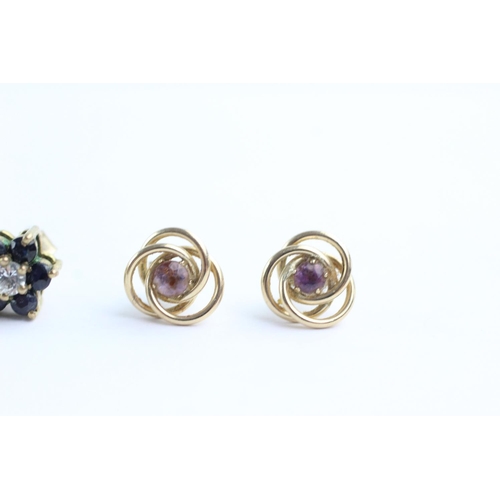 160 - 3 x 9ct gold amethyst, sapphire and diamond stud earrings (3.1g)