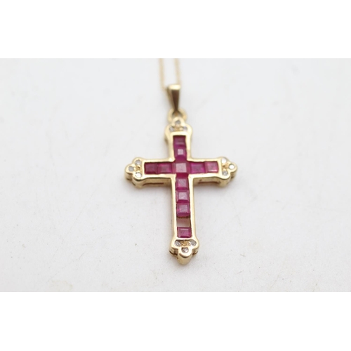 169 - 9ct gold ruby & diamond cross pendant necklace (2.1g)