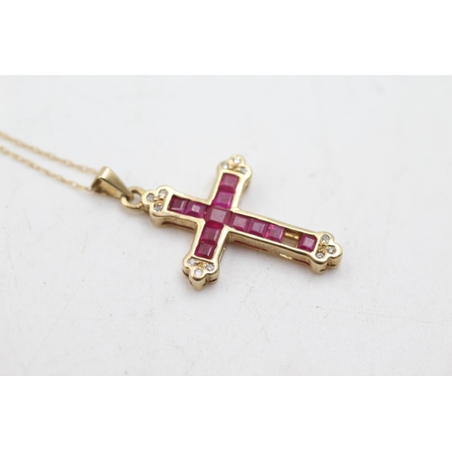 169 - 9ct gold ruby & diamond cross pendant necklace (2.1g)