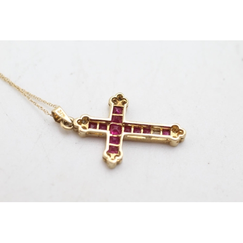 169 - 9ct gold ruby & diamond cross pendant necklace (2.1g)