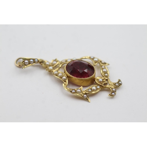 186 - 15ct gold antique tourmaline and pearl set pendant (3.2g)