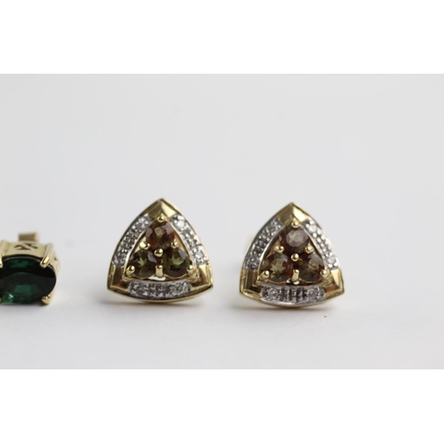 191 - 3 x 9ct gold stud earrings including diamond, topaz and tourmaline (5.8g)