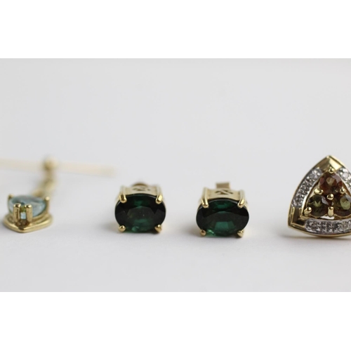 191 - 3 x 9ct gold stud earrings including diamond, topaz and tourmaline (5.8g)