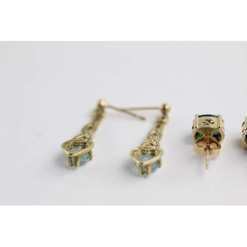 191 - 3 x 9ct gold stud earrings including diamond, topaz and tourmaline (5.8g)